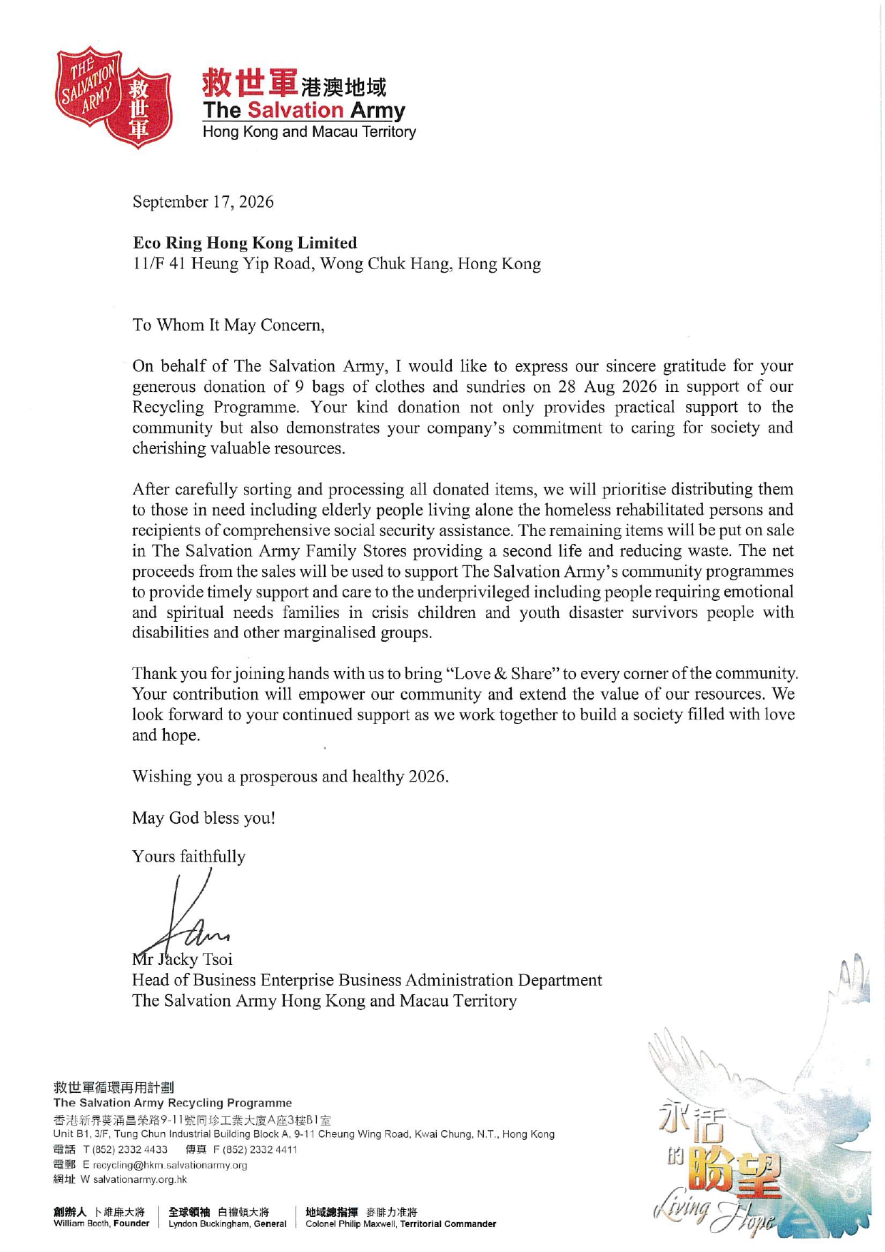 Eco Ring's donations to The Salvation Army